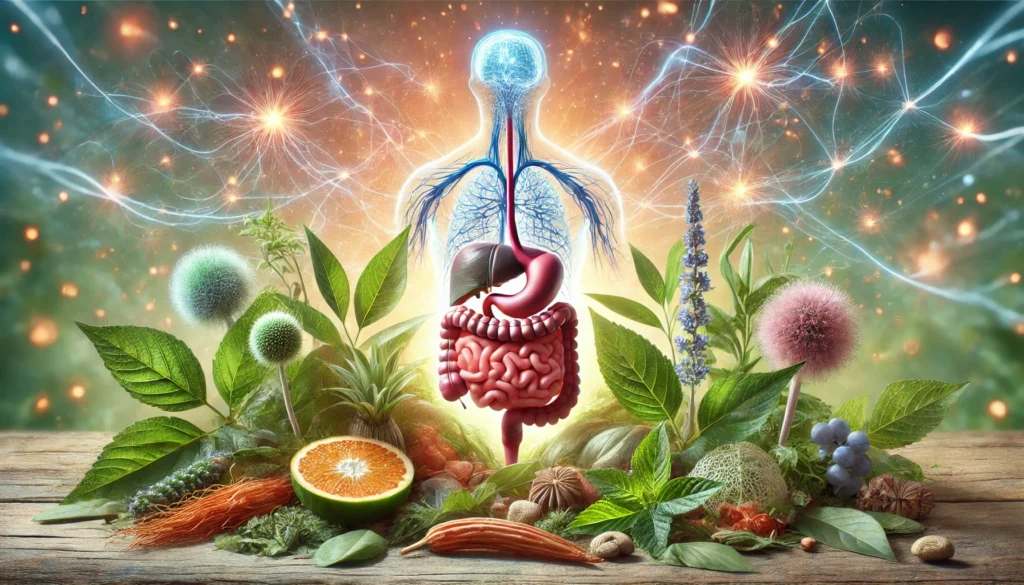 Ashwagandha and Multiple Sclerosis: Potential Benefits and Risks for Gut Health 3 A holistic representation of Ashwagandha’s impact on immune function, featuring a thriving digestive system surrounded by medicinal herbs and a glowing network of nerves, symbolizing brain-gut connection.