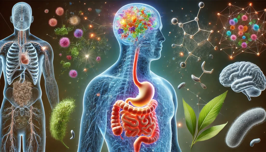 Ashwagandha vs. Melatonin: Which Natural Sleep Aid Supports Gut Health and Overall Wellness? 2 A scientific artistic representation of the gut-brain connection, featuring a transparent human figure with a glowing digestive system. Vibrant microbiota within the gut symbolize a balanced microbiome, while illuminated neural pathways connect to a softly glowing brain, emphasizing the link between gut health and sleep. Floating around the figure are ashwagandha leaves and melatonin molecules, reinforcing their role in sleep and digestive wellness.
