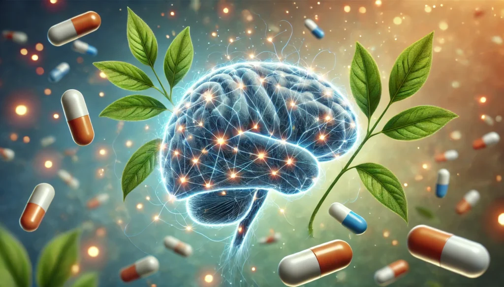 Can You Take Ashwagandha with Antidepressants? Exploring Safety, Benefits, and Risks 3 A glowing human brain surrounded by floating ashwagandha leaves and medical capsules, visually representing the interaction between natural remedies and pharmaceutical antidepressants in neurotransmitter balance.