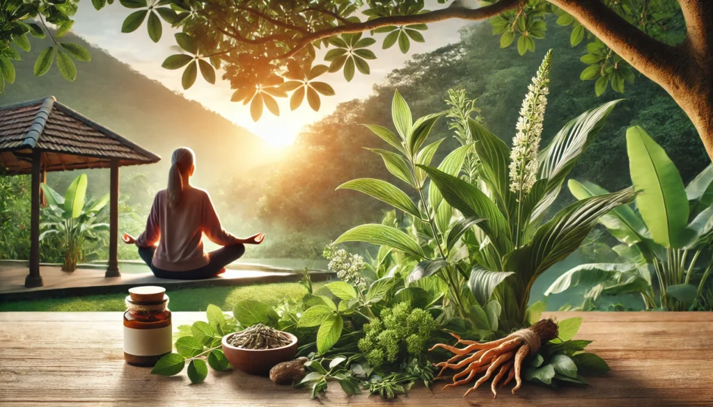 A serene wellness scene of a middle-aged woman practicing yoga at sunrise, surrounded by green plants and ashwagandha roots, representing natural hormone balance and menopause support.