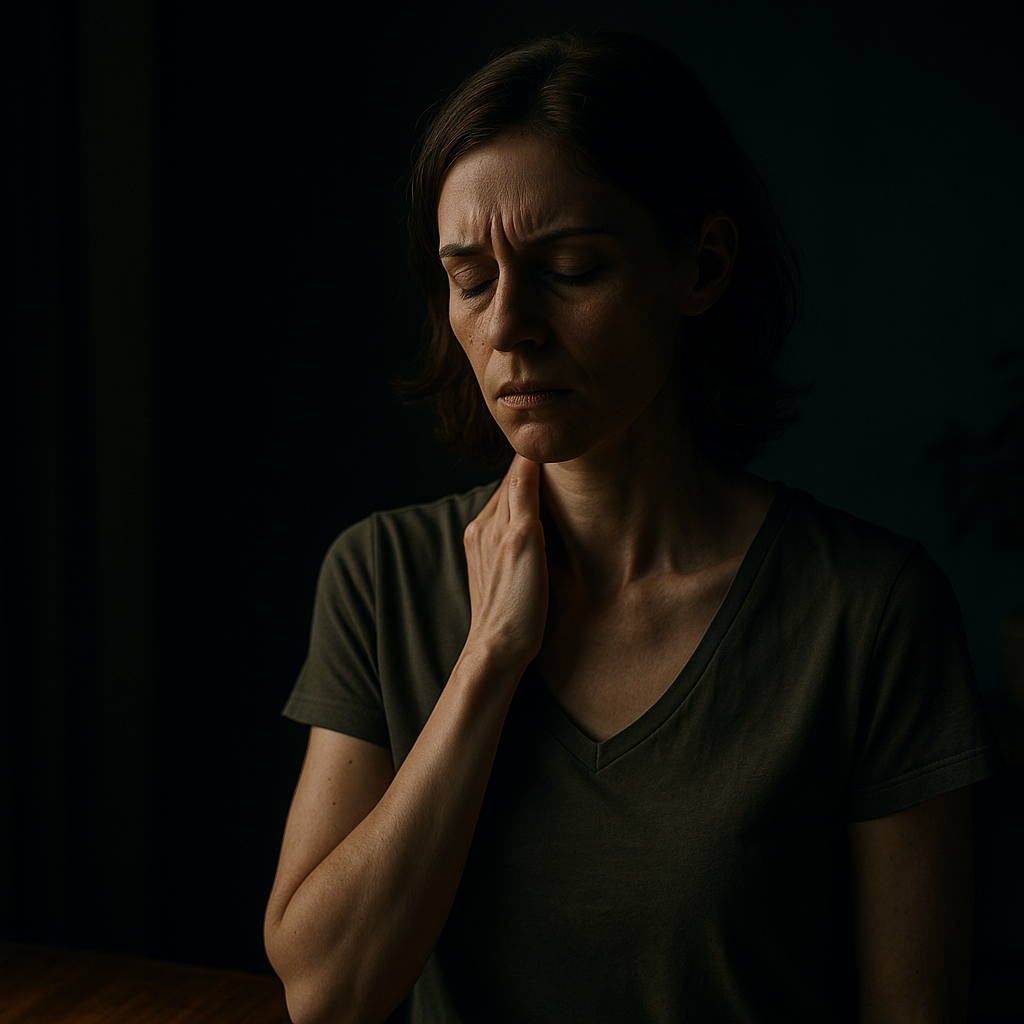 Vegan and Vegetarian Vitamin Deficiencies: Common Nutrient Gaps, Symptoms, and How to Prevent Them Naturally 3 In a dimly lit room with dramatic shadows, a woman gently touches her neck with a pained expression, conveying discomfort. The moody lighting underscores symptoms of vegan nutrient deficiencies such as fatigue, low energy, or thyroid-related issues tied to iodine or iron insufficiency.