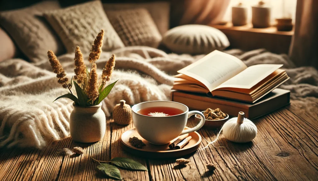 A cozy indoor setup with a cup of herbal tea infused with ashwagandha, a book, and a soft blanket on a wooden table. The inviting atmosphere conveys relaxation, warmth, and mental well-being.