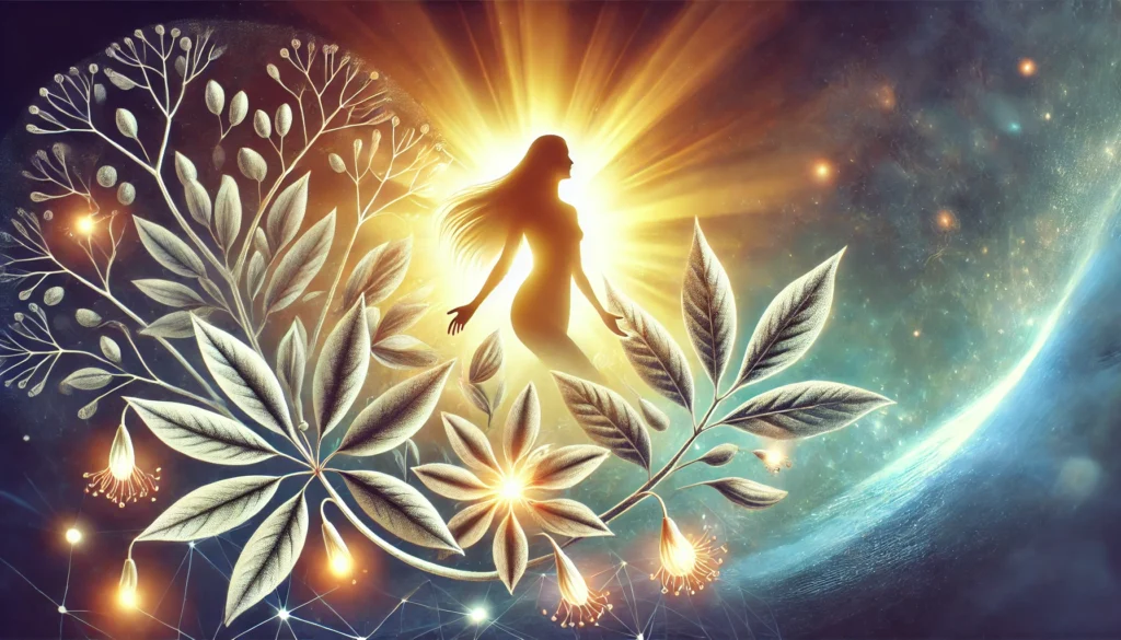 Ashwagandha and Menstrual Health: Can It Help with PMS, PMDD, or Disrupt Your Cycle? 3 A silhouette of a woman in harmony with nature, surrounded by glowing ashwagandha leaves, symbolizing hormonal balance and menstrual health. The background features soft radiant light, blending cool and warm tones to emphasize the natural healing power of adaptogens.