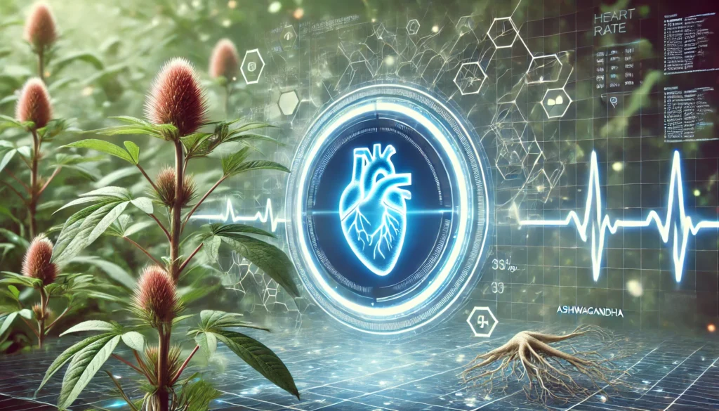 A futuristic digital heart rate monitor displaying a steady, healthy pulse, symbolizing cardiovascular balance. In the background, Ashwagandha plants and roots subtly blend into the high-tech visualization, representing the fusion of natural and modern heart health solutions.
