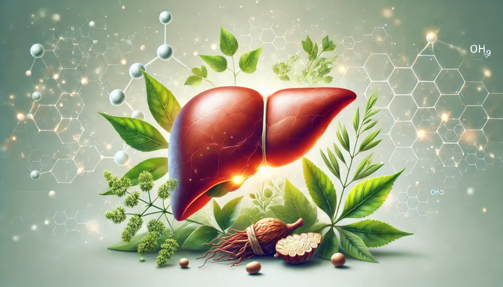 Is Ashwagandha Safe for Your Liver? What Science Says About Its Effects and Potential Risks 3 A glowing human liver surrounded by ashwagandha roots and leaves, symbolizing the herb’s potential effects on liver health. The background features a subtle molecular structure pattern, representing scientific research and medical studies.