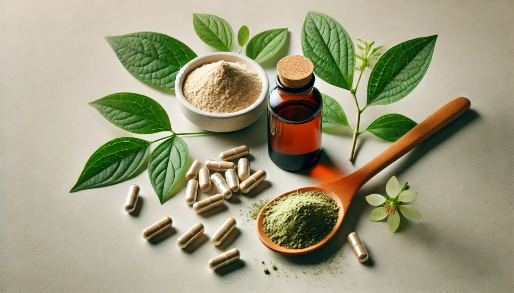 Difference Between Ashwagandha and Ashwagandha Root: What You Need to Know for Maximum Benefits 3 A wellness-themed display of ashwagandha supplements, including powder, capsules, and liquid extract, arranged with fresh green leaves on a minimalist background.