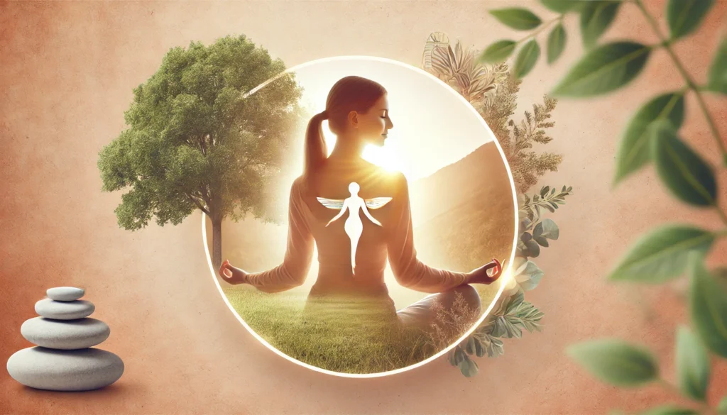 A serene and empowering image of a woman radiating health and vitality in a natural setting, symbolizing hormonal balance, inner peace, and overall well-being.