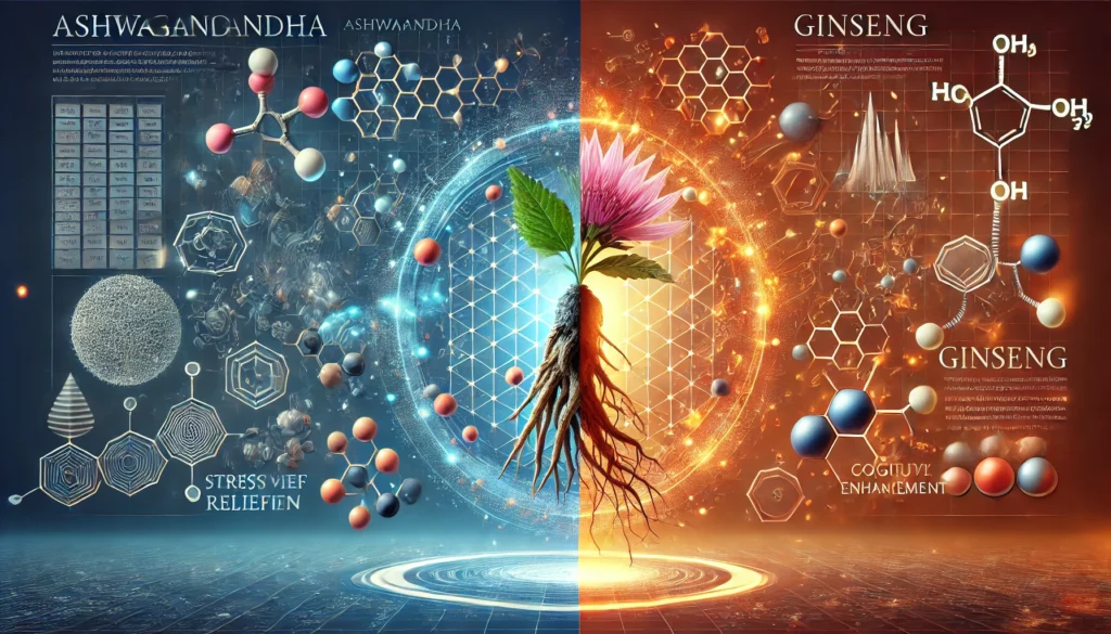 Ashwagandha vs. Ginseng: Key Differences, Benefits, and Which One Is Right for You? 3 A modern scientific visualization of ashwagandha and ginseng benefits, with a blue-glowing representation of stress relief on one side and a red-orange depiction of energy and cognition on the other.