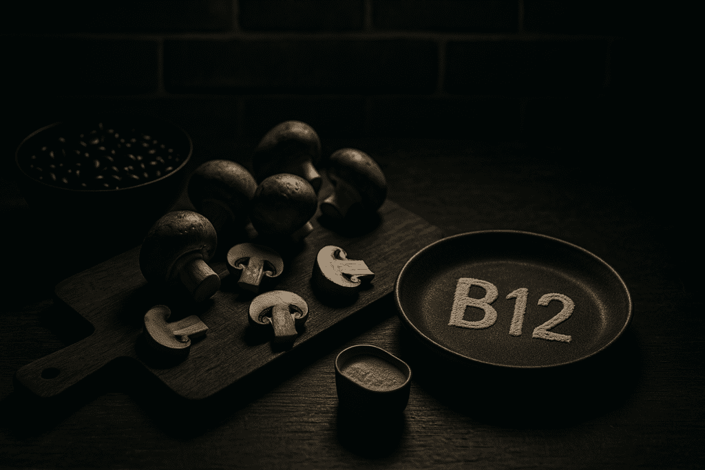 A moody, close-up kitchen scene shows a rustic wooden cutting board topped with sliced and whole brown mushrooms beside a bowl of glossy black beans, under low, dramatic lighting. A dark ceramic plate with the word “B12” spelled out in white powder symbolizes plant-based sources and supplements, capturing how vegans seek creative and nutritional ways to obtain Vitamin B12.