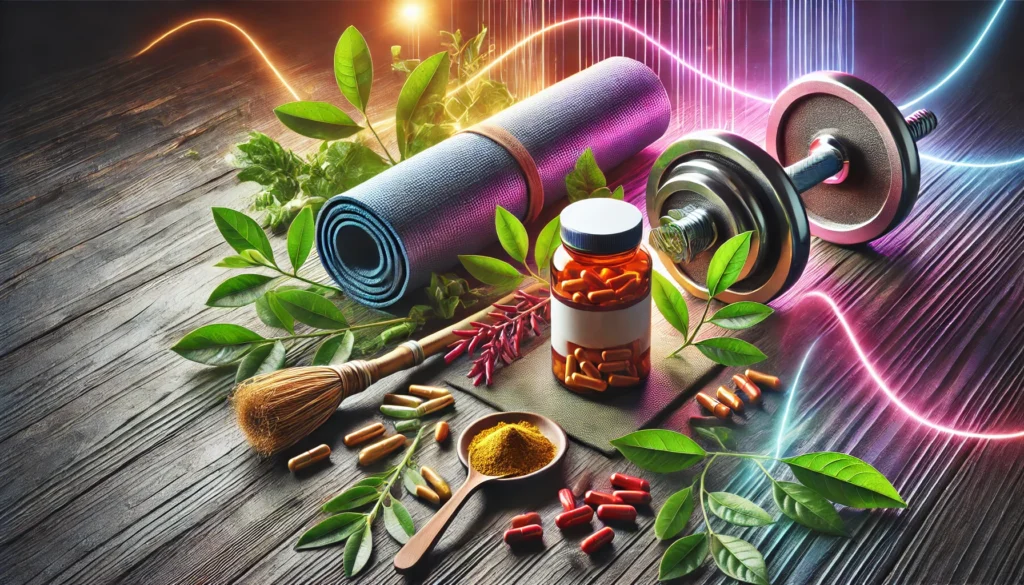 Best Ashwagandha Supplements of 2025: Top Rated Brands for Stress, Sleep & Energy 3 A dynamic and energetic display of Ashwagandha supplements, including capsules and powder, artfully placed alongside a yoga mat and dumbbells, symbolizing energy, vitality, and overall well-being.