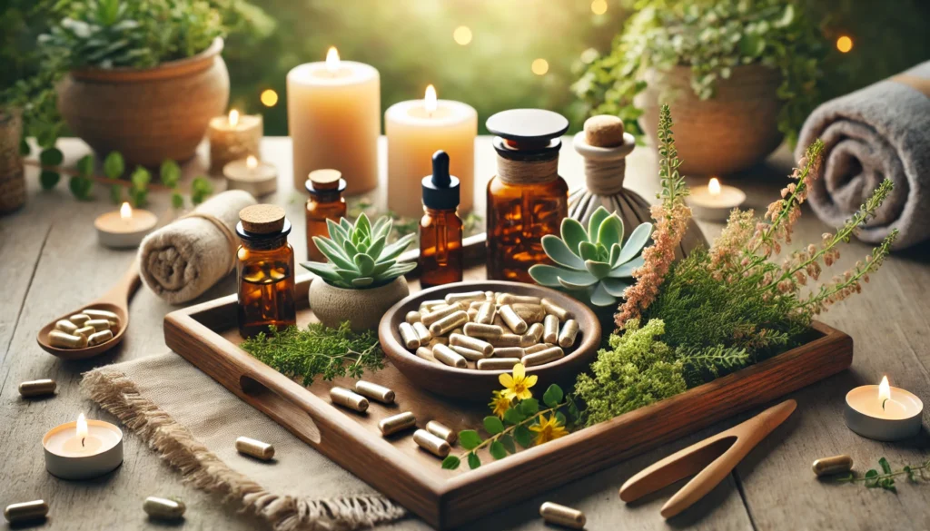 Best Rhodiola Supplements for Stress, Energy, and Mental Clarity: Expert Picks and Reviews 3 A peaceful spa-like setting with Rhodiola capsules, herbal tinctures, and fresh plant elements arranged on a wooden tray, surrounded by candlelight and a softly blurred natural background, representing stress relief and relaxation.