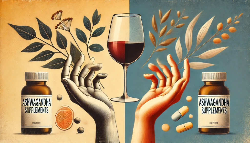 Can You Drink While Taking Ashwagandha? What Experts Say About Safety & Side Effects 3 A conceptual visual of two hands holding wine and ashwagandha supplements against a divided natural and scientific backdrop.