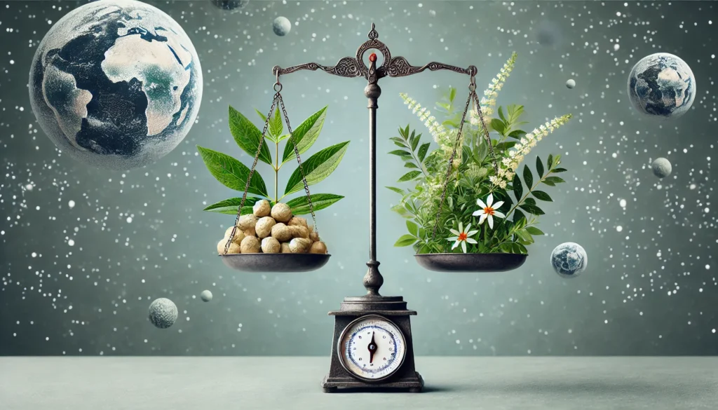 Is Ashwagandha Safe While Breastfeeding? What Moms Need to Know 3 A balanced concept showing a scale with ashwagandha on one side and a mother and baby on the other, visually representing the weighing of benefits and risks of ashwagandha while breastfeeding.