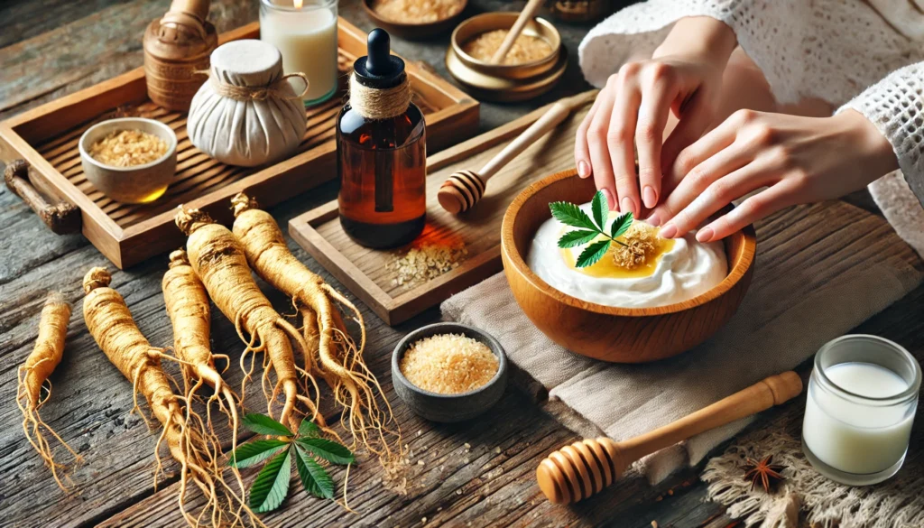 Best Ways to Use Fresh Ginseng Root for Energy, Immunity, and Overall Wellness 3 A holistic self-care setup with fresh ginseng roots, an herbal ginseng-infused oil bottle, and a wellness spa arrangement where a person prepares a ginseng facial mask with honey and yogurt, enhancing relaxation and rejuvenation.