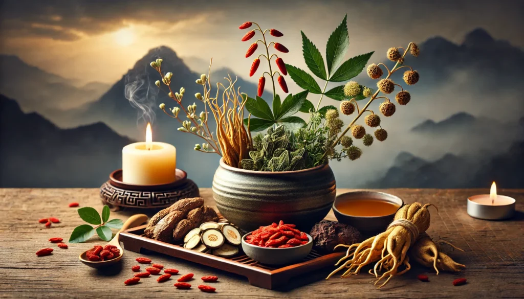 Best Chinese Herbs for Erectile Dysfunction: Natural Remedies for Prolonged Power 3 A peaceful Zen-inspired arrangement of ginseng, goji berries, and epimedium alongside a steaming herbal tea in a clay cup, set against a misty mountain landscape with soft candlelight.