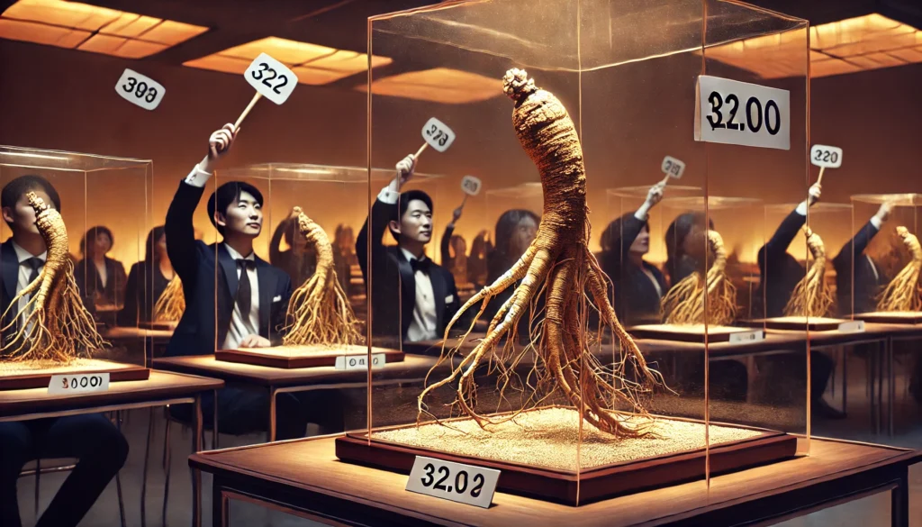 How Much Is Ginseng Worth? Understanding Wild Ginseng Prices and Market Trends 3 A high-end auction featuring rare wild ginseng roots elegantly displayed in glass cases, with bidders raising paddles, illustrating the luxury market and high demand for premium ginseng roots.