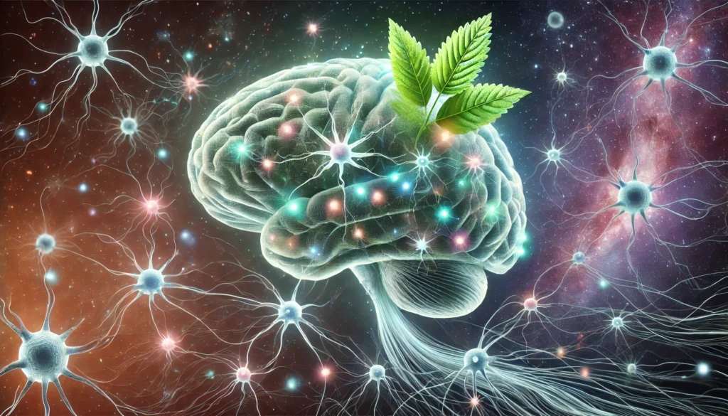 A conceptual representation of regenerating brain cells with ashwagandha leaves seamlessly blending into neural structures, emitting a bioluminescent glow to signify improved memory and neuroplasticity.