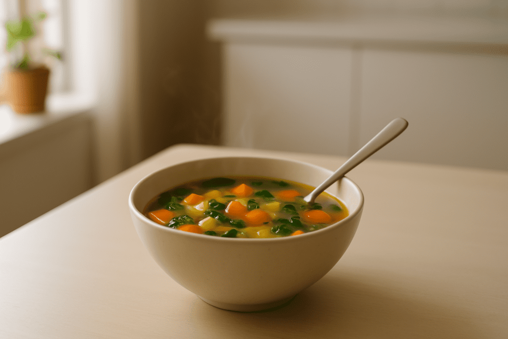 Easy Vegan Soup When Sick: Nourishing Plant-Based Recipes to Soothe and Support Recovery 3 A nourishing bowl of creamy vegan soup with vibrant chunks of carrots, potatoes, and fresh spinach in a golden broth, topped with parsley and presented on a beige cloth alongside a rustic spoon and a dish of breadcrumbs—ideal for soothing comfort during illness.