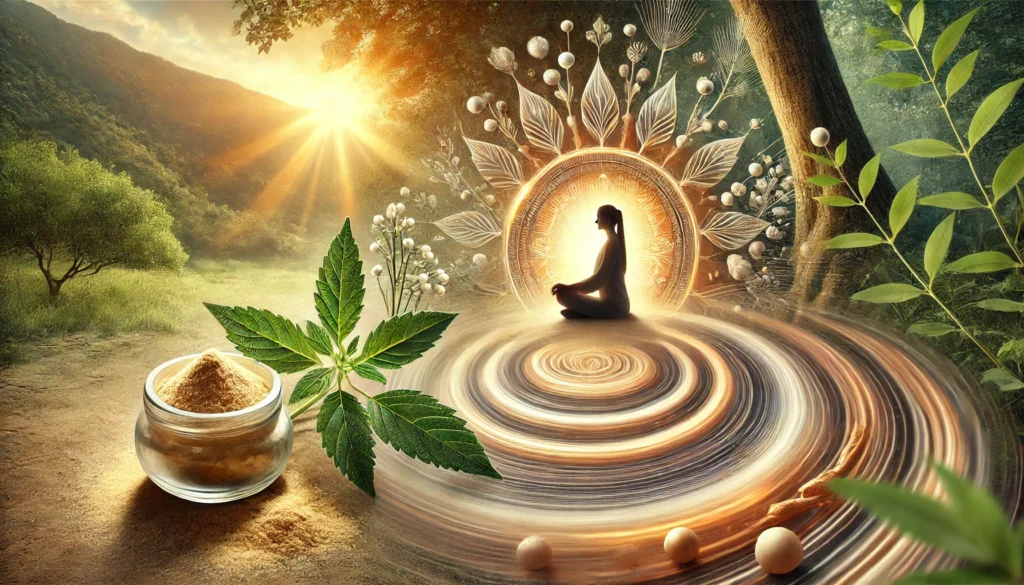 A serene and holistic depiction of Ashwagandha’s role in wellness, showing a peaceful individual in a natural landscape, energy waves symbolizing balance, and a close-up of Ashwagandha roots against a sunrise-lit lush green background.