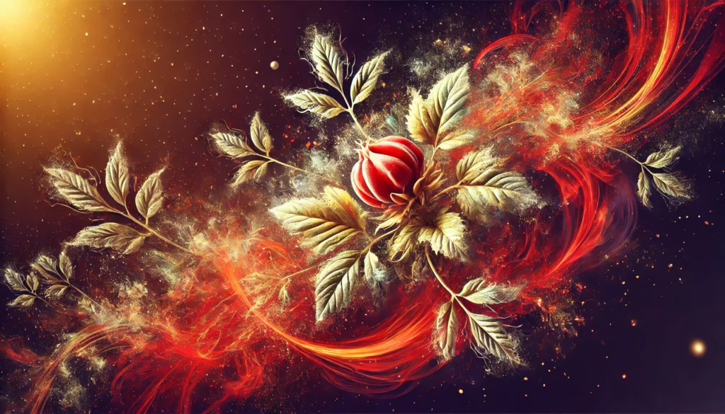 An artistic and symbolic representation of energy and passion, featuring a dynamic blend of red and gold hues intertwined with ashwagandha plants. The imagery conveys vitality, enhanced libido, and the natural synergy between sensuality and holistic health.
