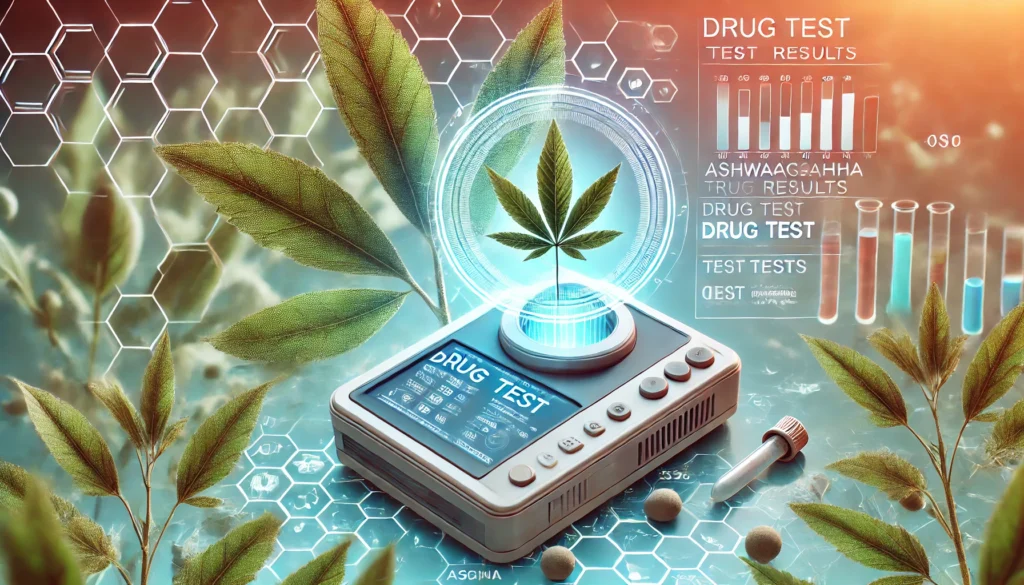 A futuristic digital drug test analyzer displaying test results, subtly overlaid with ashwagandha leaves in the background. The image represents the intersection of natural herbal medicine and modern diagnostic technology, emphasizing advancements in drug testing methodologies.