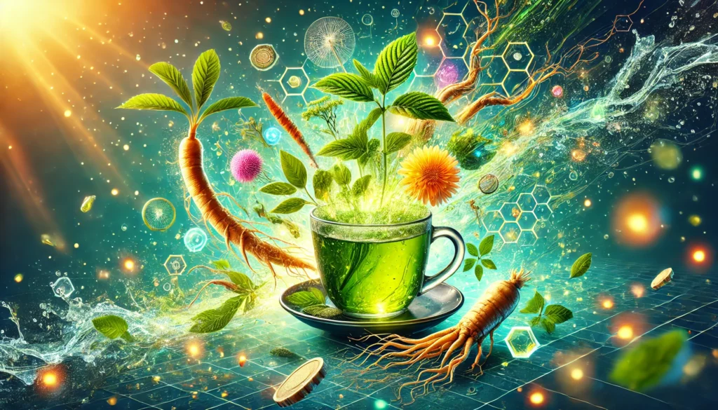 A vibrant and energetic composition featuring green tea and floating ginseng roots, surrounded by glowing herbal essences, symbolizing vitality, immunity, and brain health.