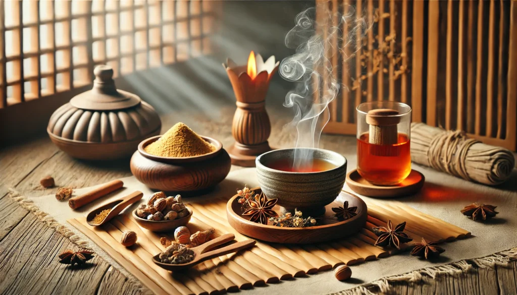 A meditative tea arrangement with a cup of Withania tea placed on a bamboo mat, surrounded by ashwagandha powder in a wooden bowl, dried herbs, and an incense burner emitting gentle smoke in a Zen-inspired setting.