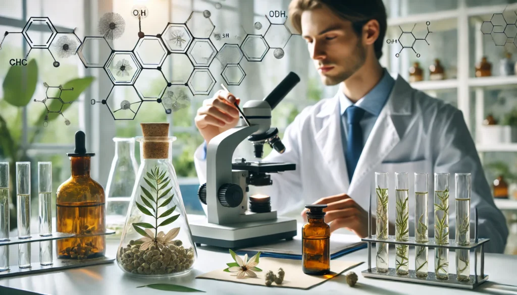 Is Ashwagandha Good for ADHD and Depression? What Science Says 3 A modern scientific laboratory where a researcher is analyzing ashwagandha extract under a microscope, with glass vials of herbal extracts and molecular models in the background, symbolizing research on ashwagandha’s impact on ADHD and depression.