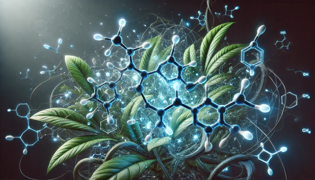 "White Korean Ginseng: Science-Backed Benefits and How It Supports Your Health" 3 A futuristic digital visualization of ginsenoside molecular structures glowing in blue, intertwined with botanical elements, illustrating the scientific properties of white Korean ginseng