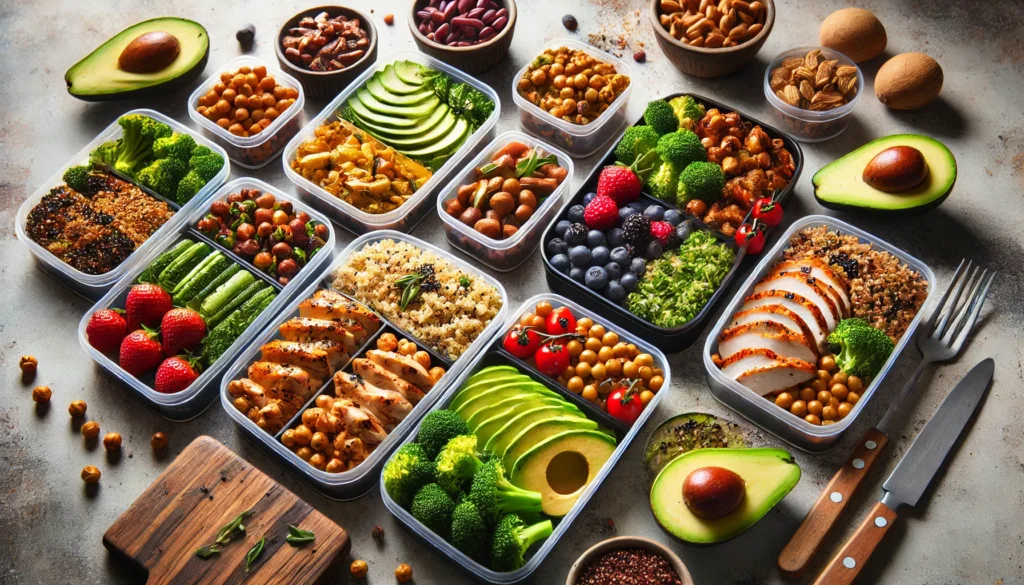 A top-down view of a well-organized meal-prep setup featuring high-protein and fiber-rich foods, including quinoa, grilled chicken, roasted chickpeas, steamed broccoli, sliced avocado, mixed berries, and nuts in separate containers, ready for healthy meal planning.