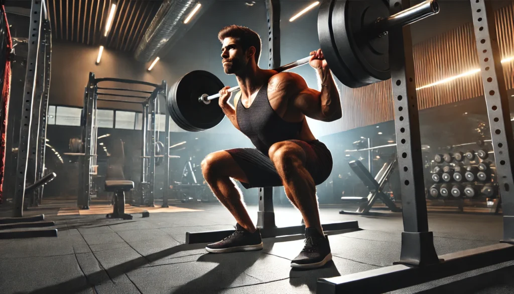 A powerful and focused athlete performing a deep squat with a loaded barbell in a modern gym. Dramatic lighting enhances the muscular definition and intensity of the lift, emphasizing strength training and muscle growth.