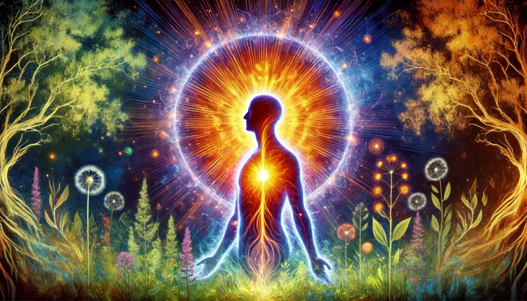 A radiant human silhouette with glowing energy emanating from within, set against a natural backdrop, symbolizing holistic wellness and vitality enhanced by Sensoril ashwagandha.