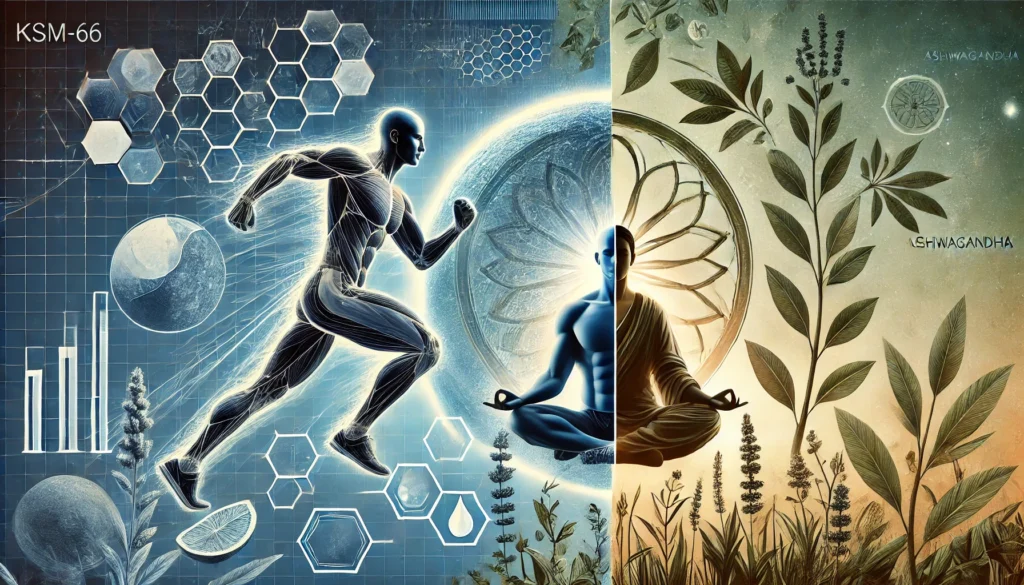 KSM-66 vs. Traditional Ashwagandha: What Science Says About Their Benefits and Differences 3 A visual representation of the health benefits of KSM-66 Ashwagandha versus traditional Ashwagandha, showing an energetic athlete on one side symbolizing performance benefits and a meditative individual in nature representing stress relief.