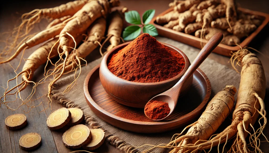 Best Ginseng Supplement: How to Choose the Top-Rated Korean Red Ginseng for Maximum Benefits 3 A wooden bowl filled with fine Korean red ginseng powder, surrounded by fresh and dried ginseng roots, with soft natural lighting highlighting its texture and purity.