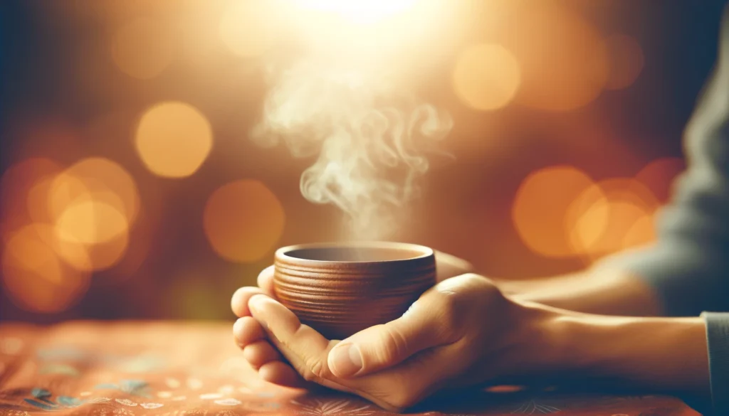 A close-up of hands holding a steaming cup of ashwagandha tea, evoking warmth, relaxation, and mindfulness in supporting the body’s recovery from smoking effects.