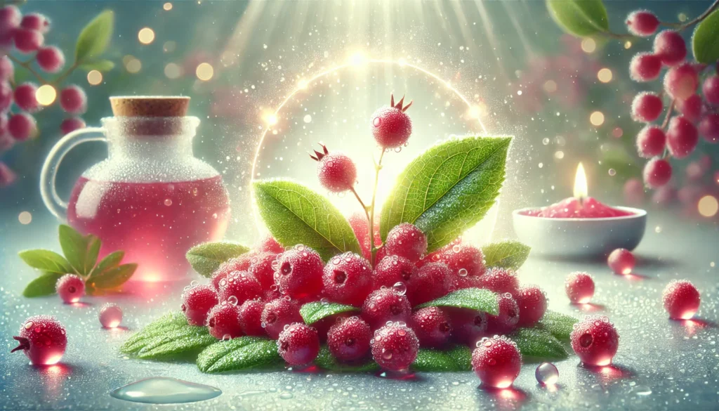 A close-up of fresh Schisandra berries with dewdrops, symbolizing hydration, skin rejuvenation, and the beauty-enhancing properties of Schisandra berry tea, set against a soft-focus wellness-inspired background.