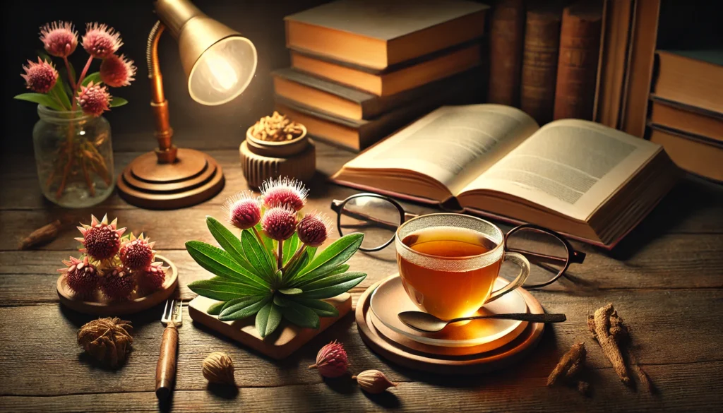 A cozy workspace setting with a cup of rhodiola tea on a wooden desk, next to an open book and reading glasses. A warm desk lamp casts a soft glow, symbolizing concentration and cognitive support.