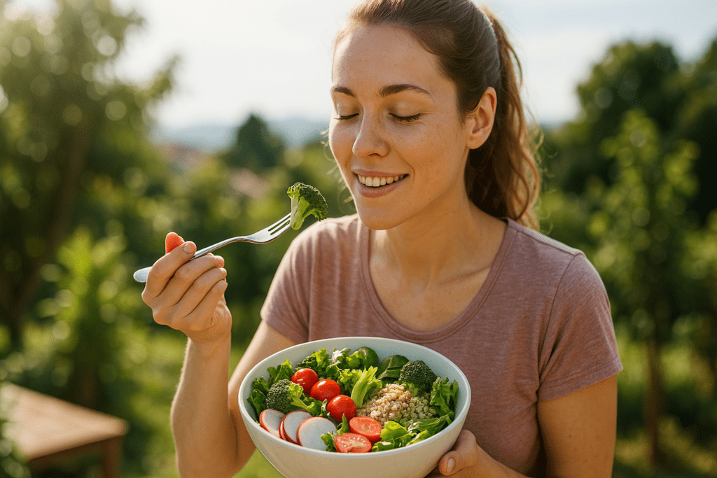 How to Enjoy Healthy Food Without Meat: Science-Backed Tips for Nutritious, Plant-Based Living" 3 A young woman enjoys a fresh, colorful plant-based salad outdoors in soft natural morning light. The serene garden background enhances the peaceful mood, promoting healthy eating without meat through a balanced, plant-rich diet.