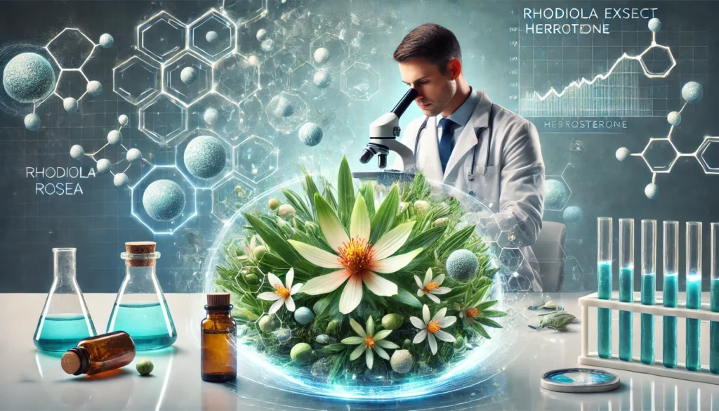 How Rhodiola Rosea May Support Testosterone Levels: What Science Says 3 A scientist in a modern laboratory analyzing Rhodiola Rosea extract under a microscope, with holographic hormone graphs floating in the air, showcasing the clinical research into the herb’s impact on testosterone regulation.