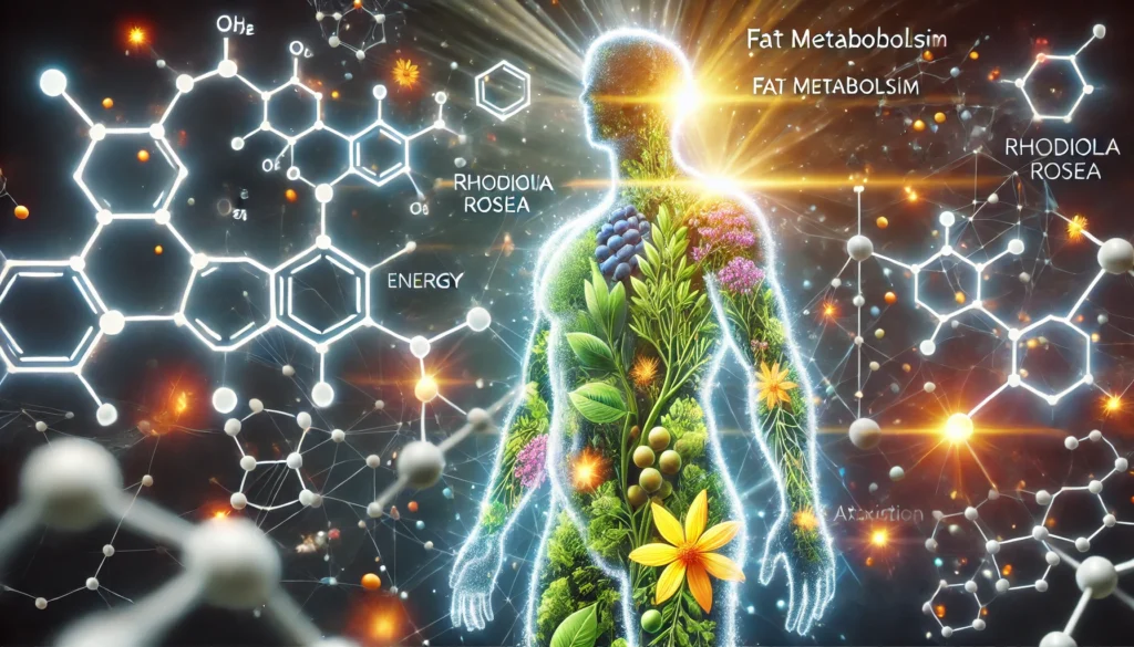 Rhodiola Rosea for Weight Loss: Benefits, Dosage, and Best Practices 3 A conceptual visualization of fat metabolism, featuring a glowing human silhouette with highlighted metabolic pathways and subtle natural elements representing Rhodiola Rosea’s effects on energy production and fat oxidation.