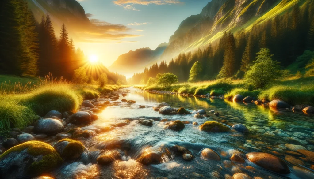 A serene mountain stream flowing through a green valley at sunrise, symbolizing natural healing, renewal, and inner harmony.