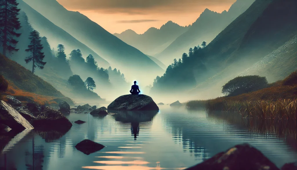Rhodiola Rosea: The Best Supplement for Stress, Energy, and Mental Clarity? 3 A tranquil meditation scene featuring a person sitting cross-legged on a rock by a calm lake, enveloped by misty mountains. The peaceful setting conveys relaxation, stress relief, and mental clarity, embodying the effects of Rhodiola Rosea.