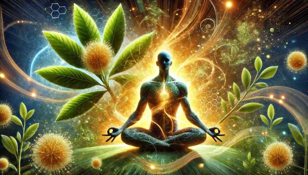 Rhodiola Rosea Reviews: What Science Says About This Powerful Adaptogen for Stress and Energy 3 A conceptual artistic representation of Rhodiola rosea’s effects on stress and energy. A meditative human figure is surrounded by glowing herbal energy, symbolizing the plant’s adaptogenic benefits, with a background blending nature and vitality.