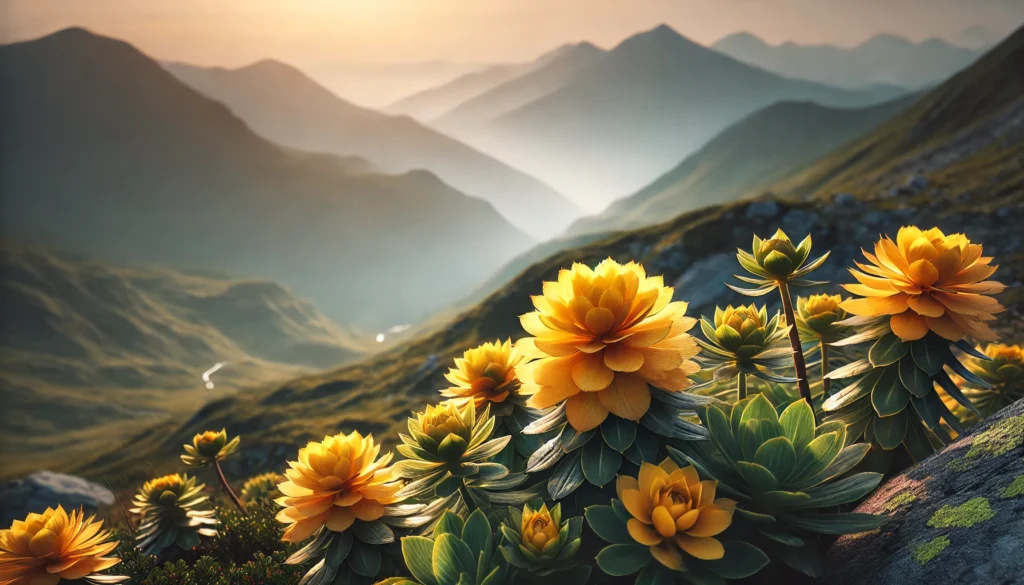 How Rhodiola Rosea Supports Stress Resilience: Understanding Its Mechanism of Action 3 A serene mountain landscape with vibrant Rhodiola rosea flowers in the foreground, bathed in soft sunlight, symbolizing natural stress resilience and endurance.