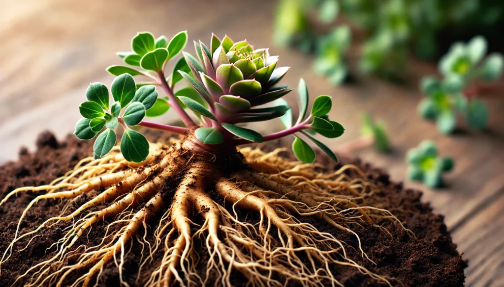 A close-up of a healthy Rhodiola Rosea root system, intertwined with rich, fertile soil. The strong and vibrant roots symbolize growth, vitality, and fertility, with a softly blurred background emphasizing the plant’s foundation and natural resilience.