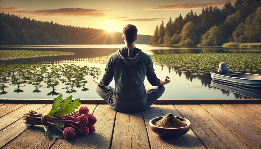 A peaceful meditation setting with a person sitting cross-legged on a wooden deck overlooking a tranquil lake at sunrise, with Rhodiola extract powder and fresh roots beside them, symbolizing stress relief and focus.