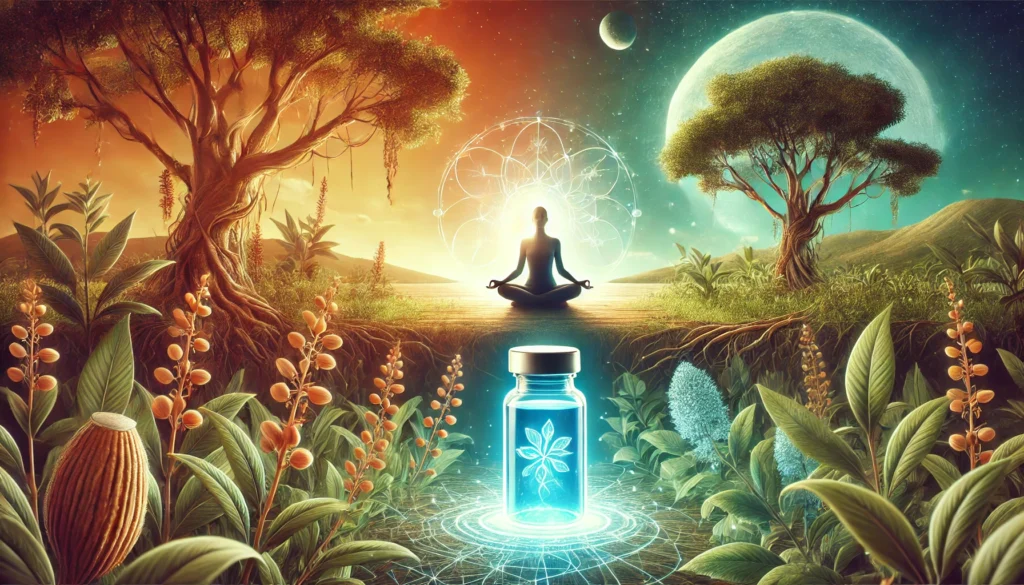 Ashwagandha vs. Melatonin: Which Natural Sleep Aid Supports Gut Health and Overall Wellness? 3 A tranquil wellness scene illustrating the balance between natural and scientific sleep aids. On the left, a lush green environment with ashwagandha roots and leaves growing vibrantly, symbolizing traditional herbal healing. On the right, a futuristic setting featuring a glowing blue vial of melatonin surrounded by a dreamy aura, representing modern sleep science. In the center, a serene person meditating, embodying the harmony between nature and science in supporting sleep and overall wellness.