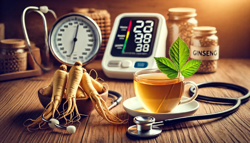 A cup of ginseng tea with fresh ginseng roots on a wooden table, accompanied by a blood pressure monitor and a stethoscope in the background, symbolizing the relationship between ginseng and hypertension management.