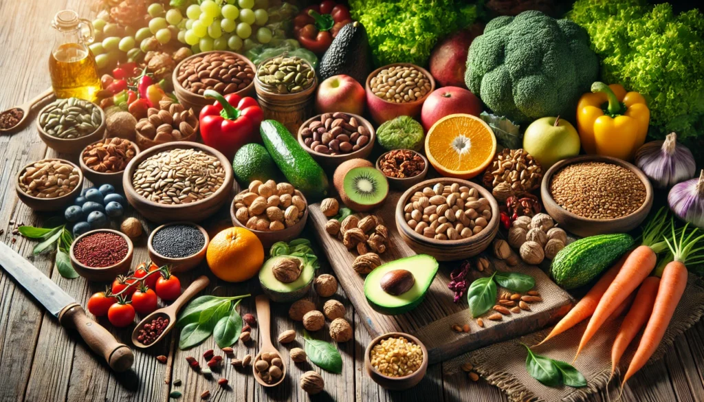 The Power of an Unprocessed Food Diet: How Eating Whole Foods Supports Long-Term Health 3 A vibrant farmers market filled with fresh, unprocessed vegetables and fruits such as leafy greens, tomatoes, carrots, apples, and berries displayed in wooden crates, illuminated by natural sunlight.