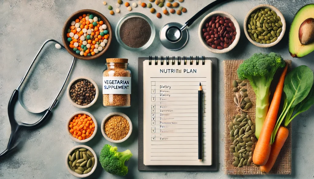 What Vitamins Do Vegetarians Need? Essential Supplements for a Balanced Plant-Based Diet Backed by Science 3 Nutritionist's desk with vegetarian supplements, dietary plan, plant-based foods like lentils and broccoli, and a stethoscope, blending science and whole food wellness.